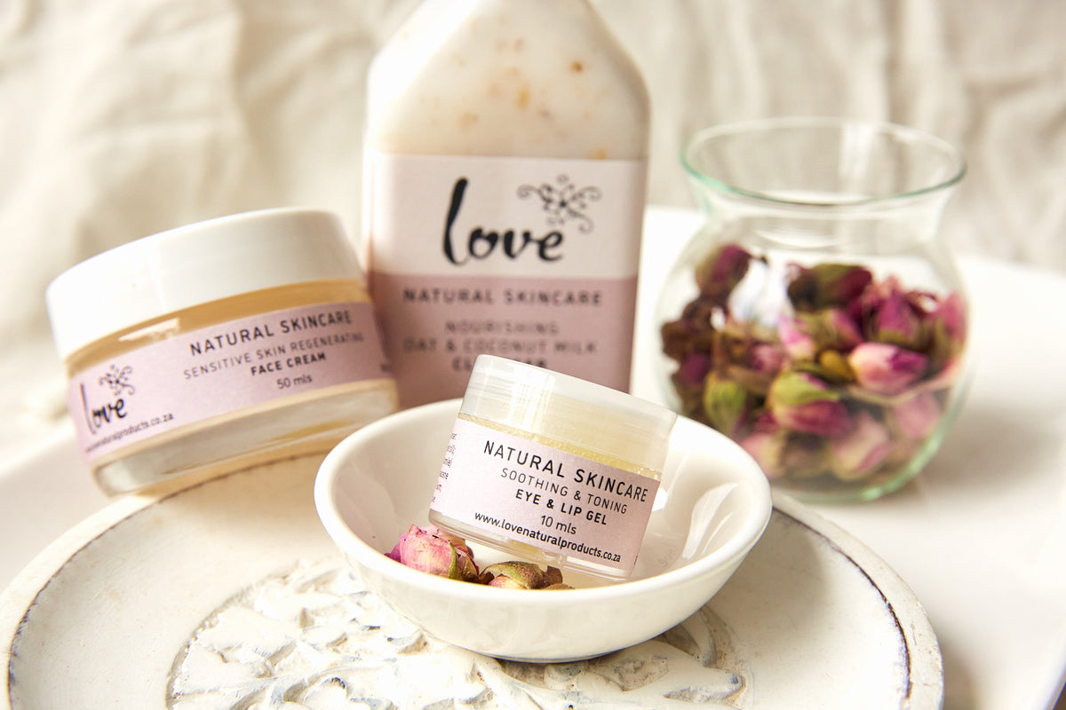 Love Natural Products skincare range with botanical flowers